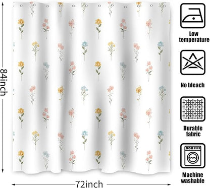 Floral Extra Long Shower Curtain, Wildflower Botanical Plant Leaves Cute Flower Spring Herbs Elegant Waterproof Fabric Machine Washable for Bathroom Bathtub with Hooks 72Wx78H