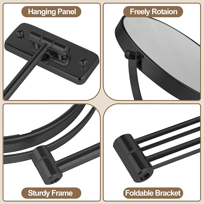 8” Wall Mounted Makeup Mirror with10X Magnification, Double Sided Shaving Mirror Wall Mount for Bathroom, 360° Swivel Extendable Vanity Mirror with Adjustable Arm for Daily Use, Matte Black（No Light）