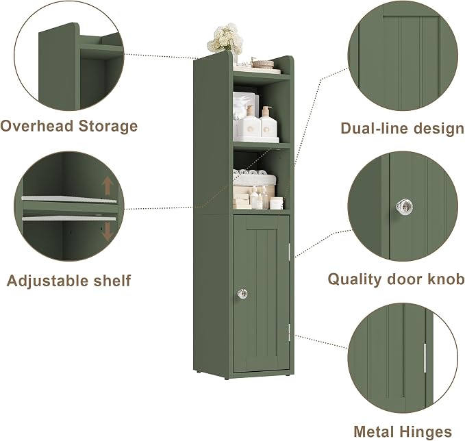 ChooChoo Small Bathroom Storage Cabinet with Adjustable Shelf | 7.1“W * 7.9”D, Corner Floor Cabinet, Narrow Toilet Paper Cabinets, Slim Bathroom Organizers, Small Spaces, Bathroom, Green