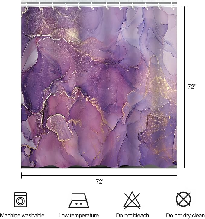 Purple Marble Shower Curtain Lavender Gold Modern Abstract Ombre Watercolor Ink Art Bathroom Curtains Waterproof Polyester Fabric Bath Curtain 72 x 72 Inch with 12 Hooks