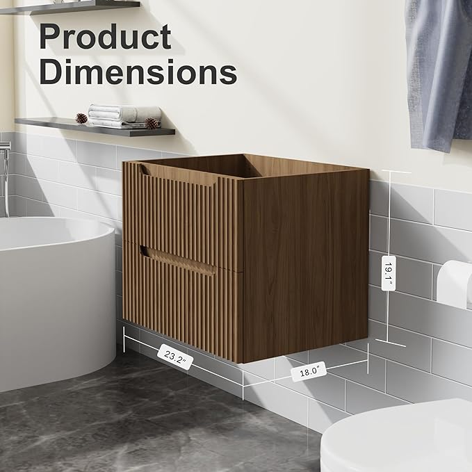 24” Wall-Mount Bathroom Vanity Floating Bathroom Cabinet in Walnut, Sink Basin Not Included