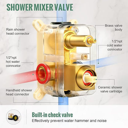 SunCleanse Rainfall Shower System Brushed Gold Ceiling Mounted Shower System Combo Set with High Pressure 12 Inches Square Rain Shower Head Handheld and Shower Faucet Rough-in Mixer Valve and Trim