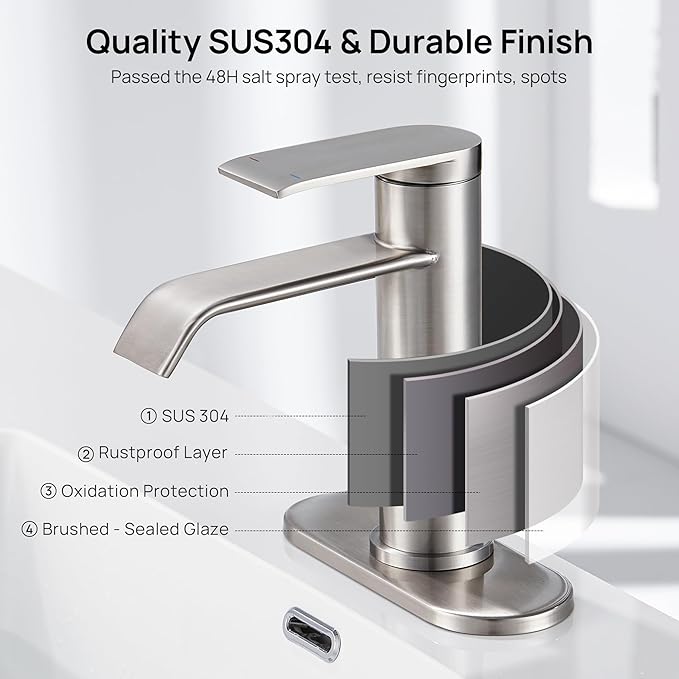 GAGALIFE Bathroom Faucet 1 Hole, Brushed Nickel Bathroom Sink Faucet with Metal Pop-up Drain Supply Lines and Deck, Modern Waterfall Bathroom Faucets Single Handle, JJL-MP-7001BN