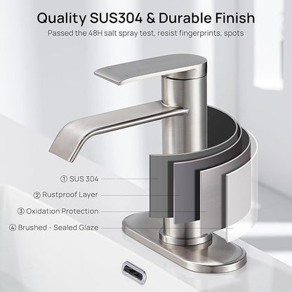 GAGALIFE Bathroom Faucet 1 Hole, Brushed Nickel Bathroom Sink Faucet with Metal Pop-up Drain Supply Lines and Deck, Modern Waterfall Bathroom Faucets Single Handle, JJL-MP-7001BN