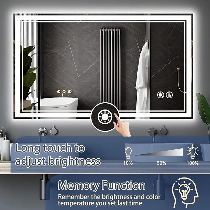 28“ x 40” LED Bathroom Mirror Fogless LED Mirror for Bathroom Dimmable 3 Colors Lights Smart Vanity Mirror Touch Sensor Home Decor Wall Mounted Horizontal/Vertical