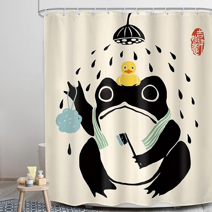 LGhtyro Funny Frog Shower Curtain Bathroom Set 60Wx71H Inches Asian Style Traditional Japanese Art Rubber Duck Cute Animal Bath Accessories Retro Black Beige Art Home Decor Fabric 12 Pack Hooks