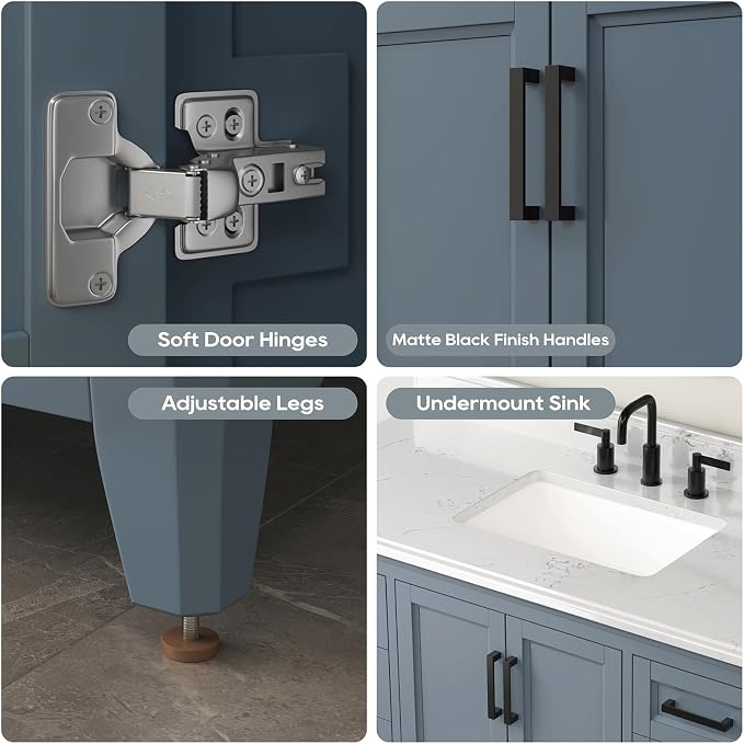 48 Inch Bathroom Vanity with Sink, Modern Bathroom Vanity with White Quartz Countertop, Solid Wood Frame Bathroom Sink Cabinet with Soft Closing Doors & Dovetail Drawers, Steel Blue