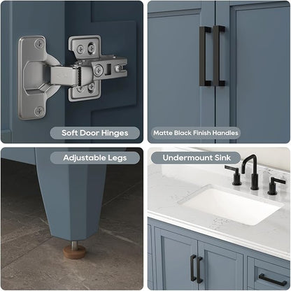 48 Inch Bathroom Vanity with Sink, Modern Bathroom Vanity with White Quartz Countertop, Solid Wood Frame Bathroom Sink Cabinet with Soft Closing Doors & Dovetail Drawers, Steel Blue