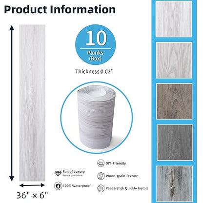 Art3d 15 Sq.ft Peel and Stick Floor Tiles, 10Pcs Luxury Vinyl Plank Flooring Wood Look, 36" × 6" Adhesive and Waterproof Tile Sticker for Bedroom, Living Room, Kitchen, White/Grey