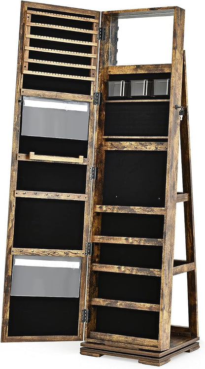 CHARMAID 360° Swivel Jewelry Armoire with Higher Full Length Mirror, Standing Lockable Jewelry Cabinet Organizer, Large Storage Capacity, Inside Makeup Mirror, Back Storage Shelves (Rustic Brown)