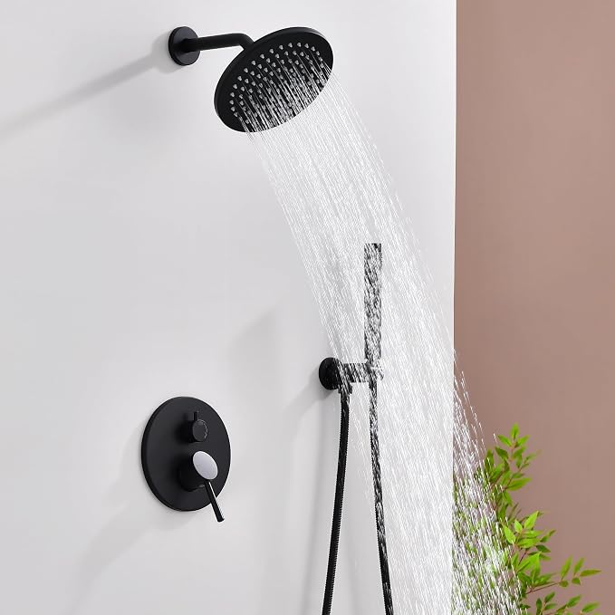 Shower System, All Metal Black Shower Faucet Set, Matte Black | 8" Rainfall Shower Head and Handheld Spray Combo, Round Shower Head and Handle Set with Valve and Trim Kit