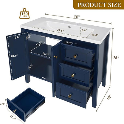 DWVO 36 Inch Bathroom Vanity with Sink Combo, Modern Bathroom Storage Cabinet with Resin Basin, Three Holes, 2 Doors & 3 Drawers, Navy Blue