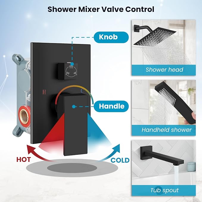 gotonovo Bathtub Shower Faucet Set, 8 Inch Shower Head, Matte Black | Wall Mounted Shower System with Tub Spout for Bathroom, Square High Pressure Rain Shower head with Handheld Spray, All Metal
