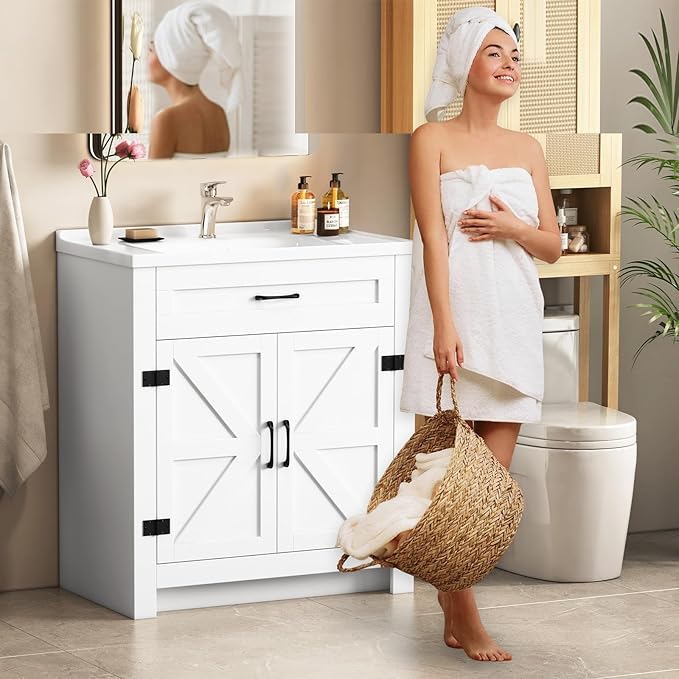 32" Farmhouse Bathroom Vanity with Ceramic Sink, 2 Barn Door Design, Freestanding Storage Cabinet, Actual 31.5" L x 18.5" W x 35.4" H, White
