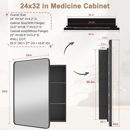 24x32 in Medicine Cabinet with Mirror for Bathroom, Matte Black | Fully Assembled; Recessed or Surface Wall Mount; Metal Cabinet with Tempered Glass Mirror and Two Adjustable Glass Shelves