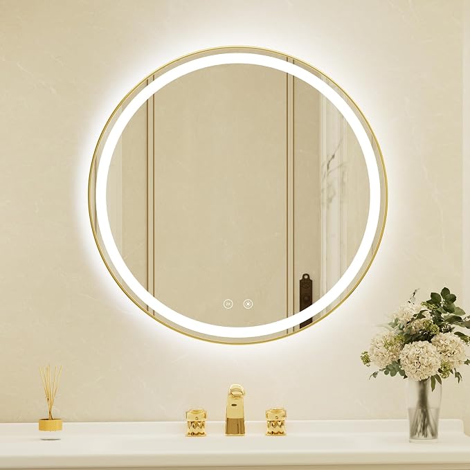 30 Inch Round Gold Framed LED Bathroom Mirror with Lights,Wall-Mounted Lighted Bathroom with 3 Colors Brightness,Anti-Fog,Dimmable Brightness, Waterproof, Tempered Glass, Frontlit & Backlit