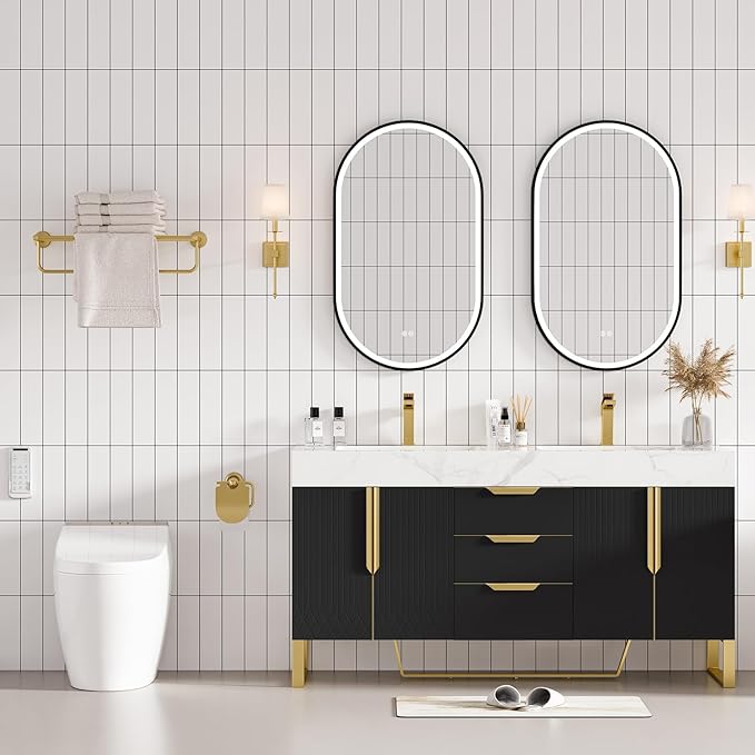 homary 60" Freestanding Bathroom Vanity Set with Double Sink, Modern Bathroom Sink Cabinet Storage Cabinet with Sintered Stone Countertop and Ample Storage, Black