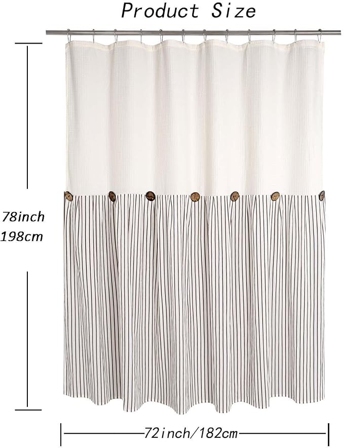 DOSLY IDÉES Farmhouse Shower Curtain, Beige and Brown Striped, Button Curtain, Spa Waffle and Cotton Woven Fabric, Rustic Charm Country Chic Style, 72x78 in