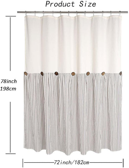 DOSLY IDÉES Farmhouse Shower Curtain, Beige and Brown Striped, Button Curtain, Spa Waffle and Cotton Woven Fabric, Rustic Charm Country Chic Style, 72x78 in