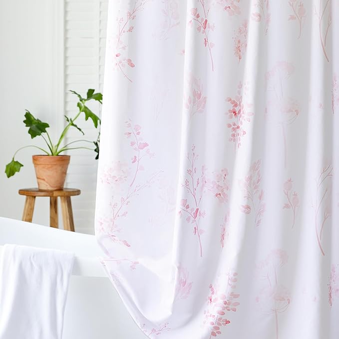 Cute Stall Shower Curtain for Kids Girls Bathroom, Hot Pink Floral Fabric Feminine Beautiful Shower Curtain Set with Hooks 36X72
