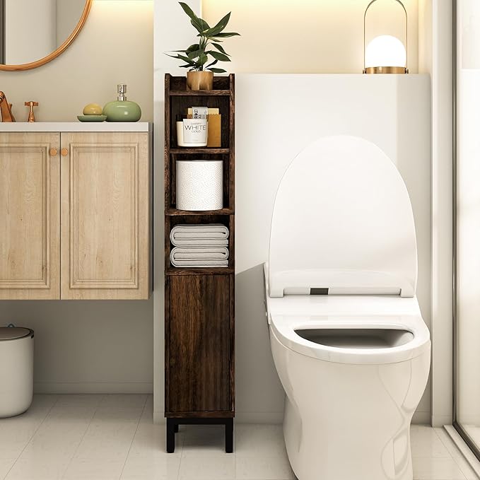 Narrow Bathroom Storage Cabinet, Corner Toilet Paper Floor Cabinet 5 Tiers with Door and Shelves,Bathroom Organizer with Adjustable Shelf, for Small Spaces(Rustic Brown)