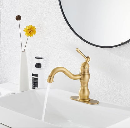 Antique Brass Bathroom Faucet GGStudy 360° Swivel Bathroom Vanity Faucet Single Handle One Hole Basin Matching Pop Up Drain with Overflow
