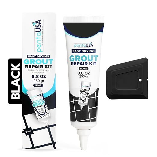 PentaUSA Premixed Tile Grout Repair Kit - Black (8.8oz / 250g) | Acrylic Sanded for Bathroom, Shower, and Kitchen Tile Repair, Water-Resistant Tube with Applicator, Fills Cracks and Gaps,