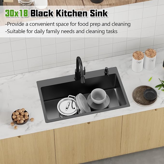 Black 30x18 In Drop In Kitchen Sink-Stainless Steel Topmount Modern Single Bowl Kitchen Sink Come With Silicon Mat,Drain Strainer Set Offer Large Basin And Compatibility With Various Kitchen&Bar Style