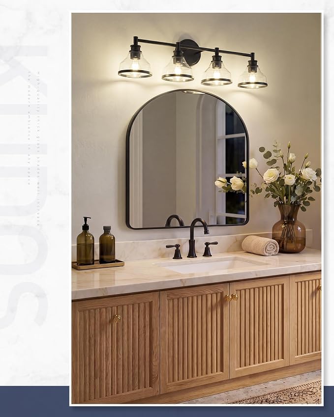 kudos 4-Light Matte Black Vanity Light, Clear Glass Shade | 33" bathroom light fixtures over mirror, upward or downward, E26 base, bulbs not included, Hardwired, KDVL20-BK-4