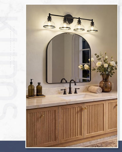 kudos 4-Light Matte Black Vanity Light, Clear Glass Shade | 33" bathroom light fixtures over mirror, upward or downward, E26 base, bulbs not included, Hardwired, KDVL20-BK-4