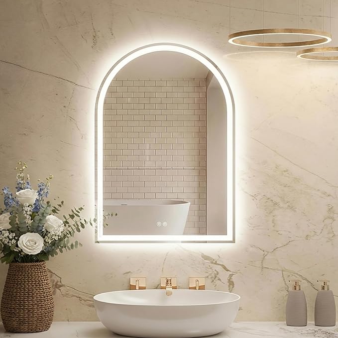 DUMOS 24"×36" LED Bathroom Mirror with Lights, Arched Vanity Mirror with Anti-Fog, Dimmable, 3-Color Light, Memory Function, Tempered Glass