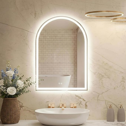 DUMOS 24"×36" LED Bathroom Mirror with Lights, Arched Vanity Mirror with Anti-Fog, Dimmable, 3-Color Light, Memory Function, Tempered Glass