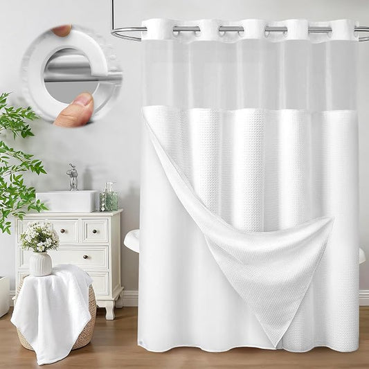 No Hook Shower Curtain with Liner Hotel Waffle PEVA Window White 72W X 75L | Washable Snap in Fabric Liner, Mesh Top Window, Waffle Hotel Style Shower Curtain Set