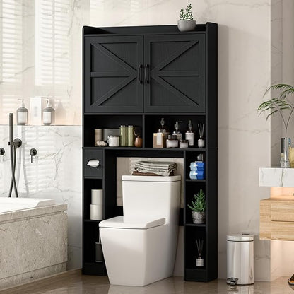 Vabches Over The Toilet Storage Cabinet with Barn Doors, Pure Black | Toilet Cabinet Rack, Space Saving Bathroom Organizer with Shelves, Toilet Paper Holder and Towel Rack for Bathroom,Laundry.