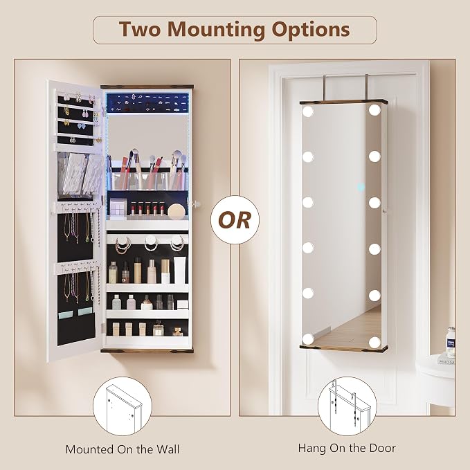 Dystler Over the Door Jewelry Cabinet with Mirror, 12 Hollywood Bulbs, Lock | 72 Earring Slots & 24 Necklace Hooks, Velvet Interior, Hanging Door or Wall Mount, 3-Color LED Lights,Girls, Women Ideal Gift