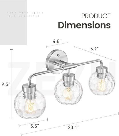 zeyu Brushed Nickel Bathroom Light Fixtures, 23 Inch 3-Light Modern Vanity Light Over Mirror with Water Ripple Globe Glass, Brushed Nickel Finish, ZS62BG-3W BN-WG