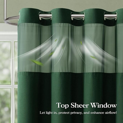 Dark Green Hook Free Waffle Shower Curtain & Snap-in Liner,72x87 | Less Time to install, 3 in 1 Fabric Shower Curtain and Liner Set with Magnets, Extra Long, Shower Curtains for Bathroom