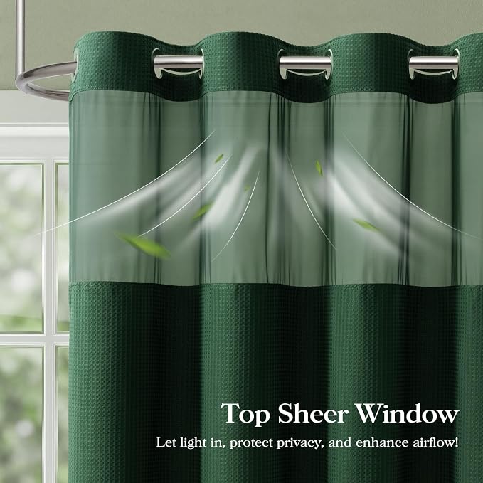 Dark Green Hook Free Waffle Shower Curtain & Snap-in Liner,72x75 | Less Time to install, 3 in 1 Fabric Shower Curtain and Liner Set with Magnets, Mesh Top Window, Shower Curtains for Bathroom