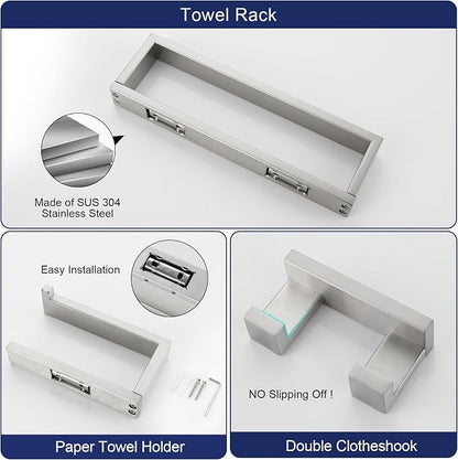 Brushed Nickel Bathroom Accessories, Toilet Paper Holder, Towel Bar & Hook | Lairuier 3 Pieces Bathroom Hardware Set, SUS304 Stainless Steel Towel Holder Set Toilet Paper Holder Robe Hook Wall Mounted
