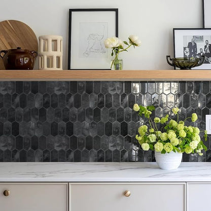 Vamos Tile Thicker Design Long Hexagon Peel and Stick Backsplash Tile | 10-Sheet Shiny Black with Dark Grey Grout Self Adhesive Wall Tiles Stick On Backsplash for Kitchen Bathroom RV Fireplace