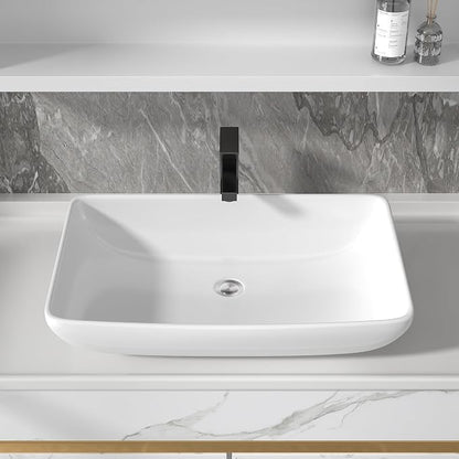 24"x15" Bathroom Vessel Sink Rectangular - White Porcelain Ceramic Rectangle Above Counter Vanity Lavatory Bath Sink Art Basin