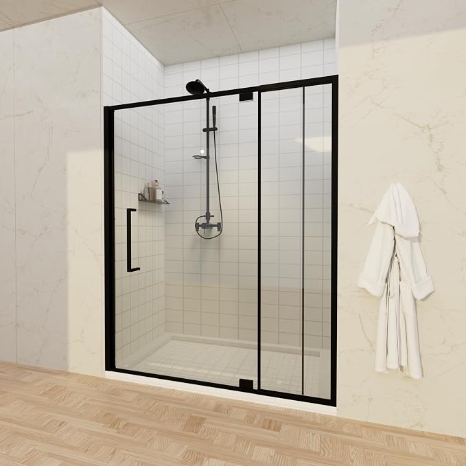 56-60" W x 72" H Semi-Frameless Pivot Swing Shower Doors | 1/4" (6mm) Clear SGCC Tempered Glass with a 24.8" walk-in opening, Matte Black Finish, Reversible, Magnetic Closing