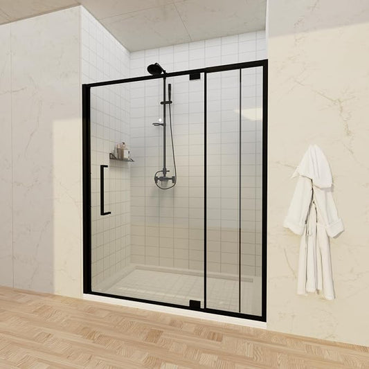 56-60" W x 72" H Semi-Frameless Pivot Swing Shower Doors | 1/4" (6mm) Clear SGCC Tempered Glass with a 24.8" walk-in opening, Matte Black Finish, Reversible, Magnetic Closing