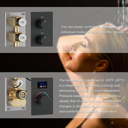 Matte Black Shower System Tempreature Display Shower Fuacet Set | 12 inch and 8 inch Full Body Shower Head, with 6 PCS Body Jet and Handheld Spray