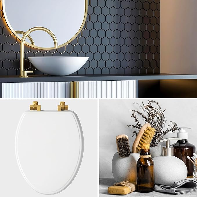 Mayfair Bennett Toilet Seat with Brushed Gold Hinges, Slow Close Wood Seat, Secure Metal Hinges, Easy Install, Made in USA, Round, White