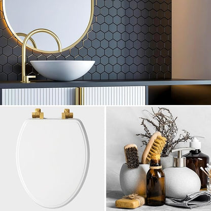 Mayfair Bennett Toilet Seat with Brushed Gold Hinges, Slow Close Wood Seat, Secure Metal Hinges, Easy Install, Made in USA, Round, White