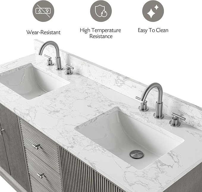 Vanity Art 72" Bathroom Vanity with Double Sink & Arabescato White Engineered Stone Top, Vanity Cabinet with Soft Closing Door, Solid Wood Frame, Golden Brushed Handles, Driftwood Gray VA8172D-DG-GB