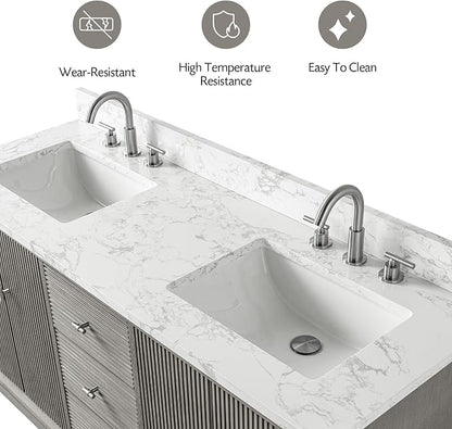 Vanity Art 72" Bathroom Vanity with Double Sink & Arabescato White Engineered Stone Top, Vanity Cabinet with Soft Closing Door, Solid Wood Frame, Golden Brushed Handles, Driftwood Gray VA8172D-DG-GB