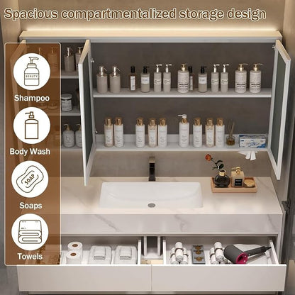 92" Bathroom Vanity with Sink, Double Sink Bathroom Vanity with Smart LED Defog Mirror, Display Time, Ceramic Sink, Soft Closing, Fully Pre-Assembled, Ample Storage, Medicine Cabinet Set