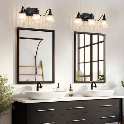 Black Vintage Bathroom Vanity Light Fixture, 3-Light Vanity Light for Bathroom, Antique Matte Black Finish with Crystal Glass Shade, Lighting Fixtures Over Mirror for Bedroom Living Room